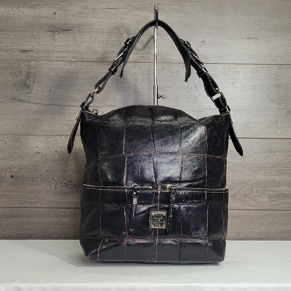 Large Dooney & Bourke Black Croc Embossed Leather Shoulder Bag